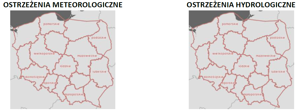 Ostrzeżenia meteorologiczne i hydrologiczne z podziałem na województwa - 25 grudnia 2025. Kolor czerwony dla ostrzeżeń 3 stopnia, pomarańczowy dla 2 stopnia, żółty dla 1 stopnia, szary dla suszy, biały brak ostrzeżeń. 