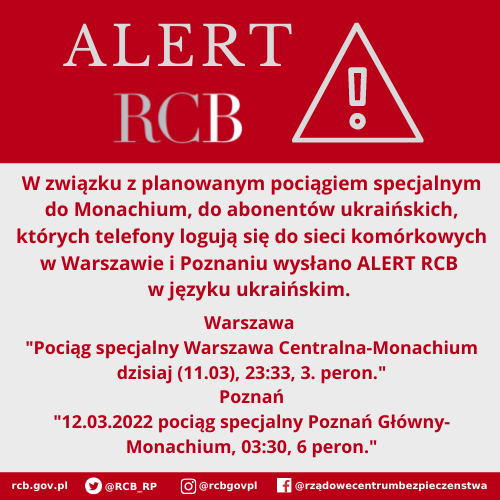 Alert RCB dla obywateli Ukrainy, przebywających w Warszawie i Poznaniu.