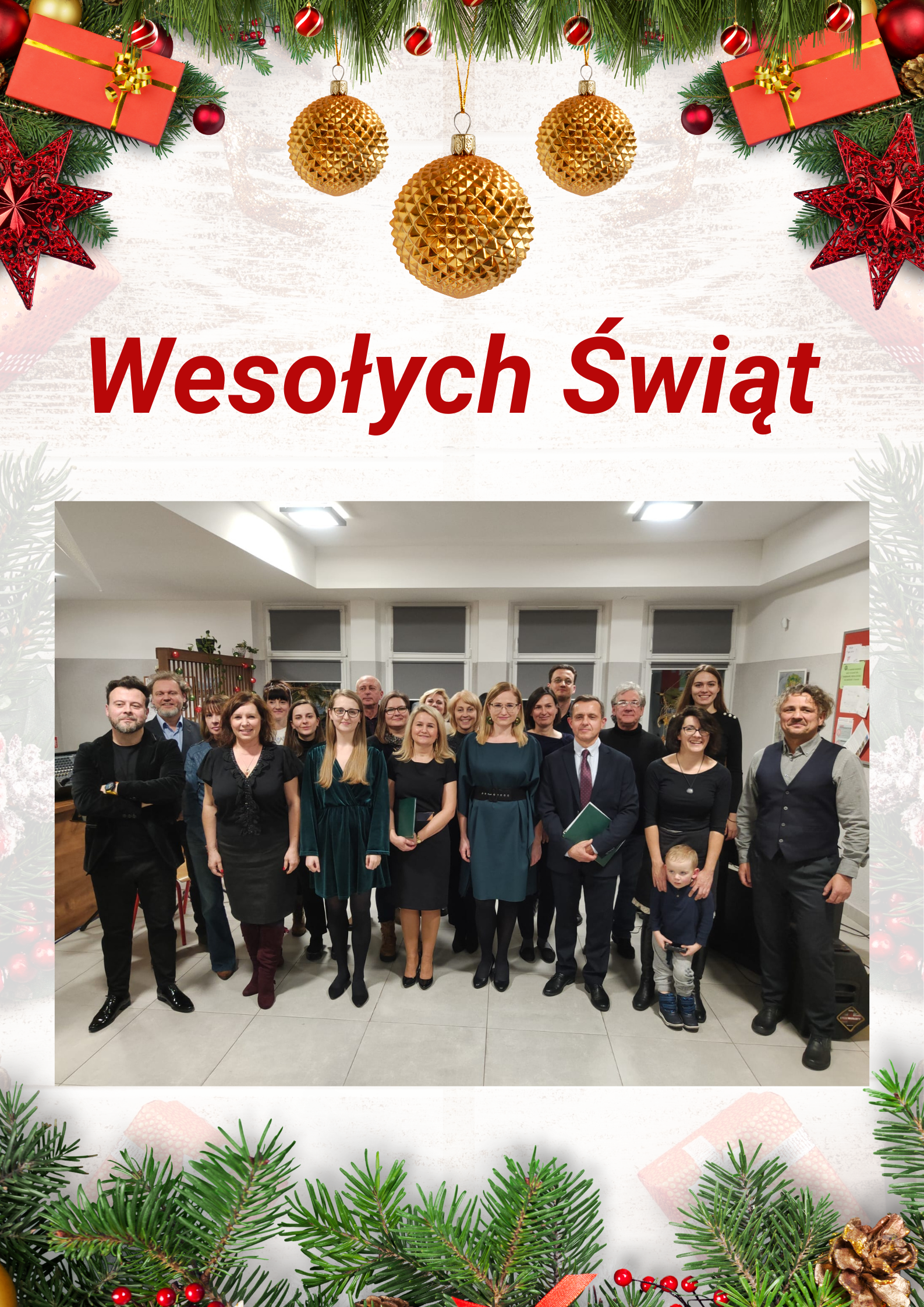 na środku zdjęcie nauczycieli, u góry motywy świąteczne