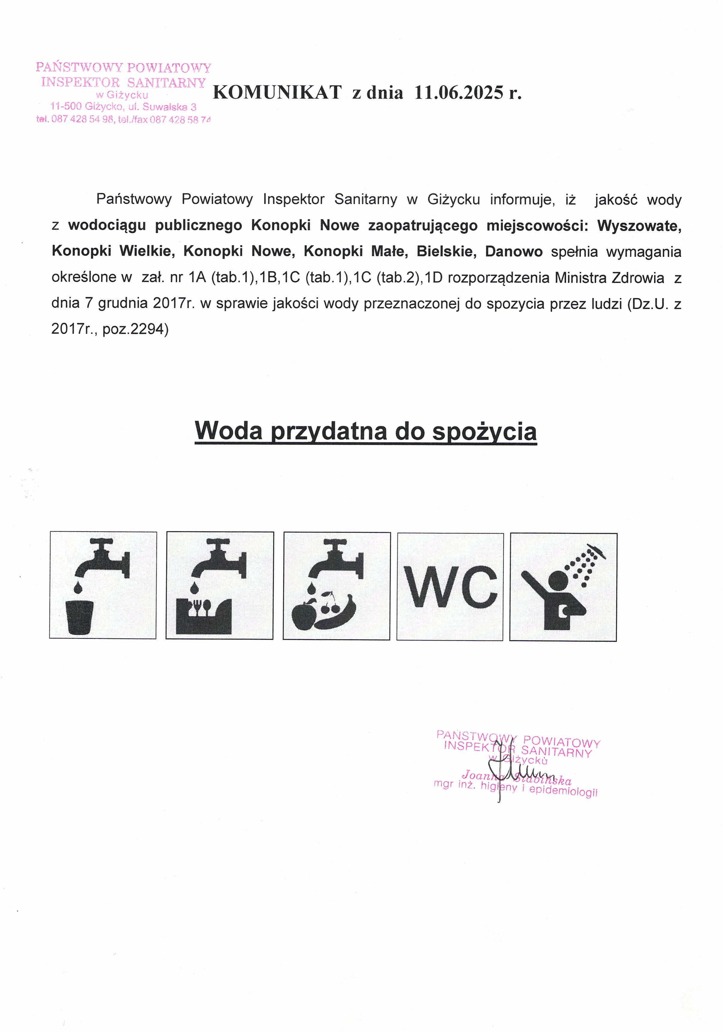 Komunikat z dnia 11.06.2025 r. (dot. wodociągu publicznego Konopki Nowe)