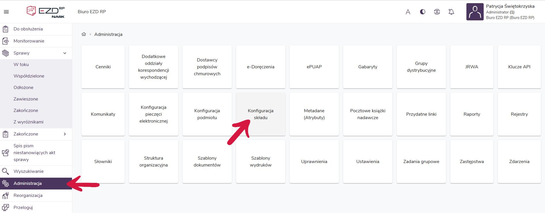 W EZD RP składy chronologiczne konfiguruje się w module Administracja.