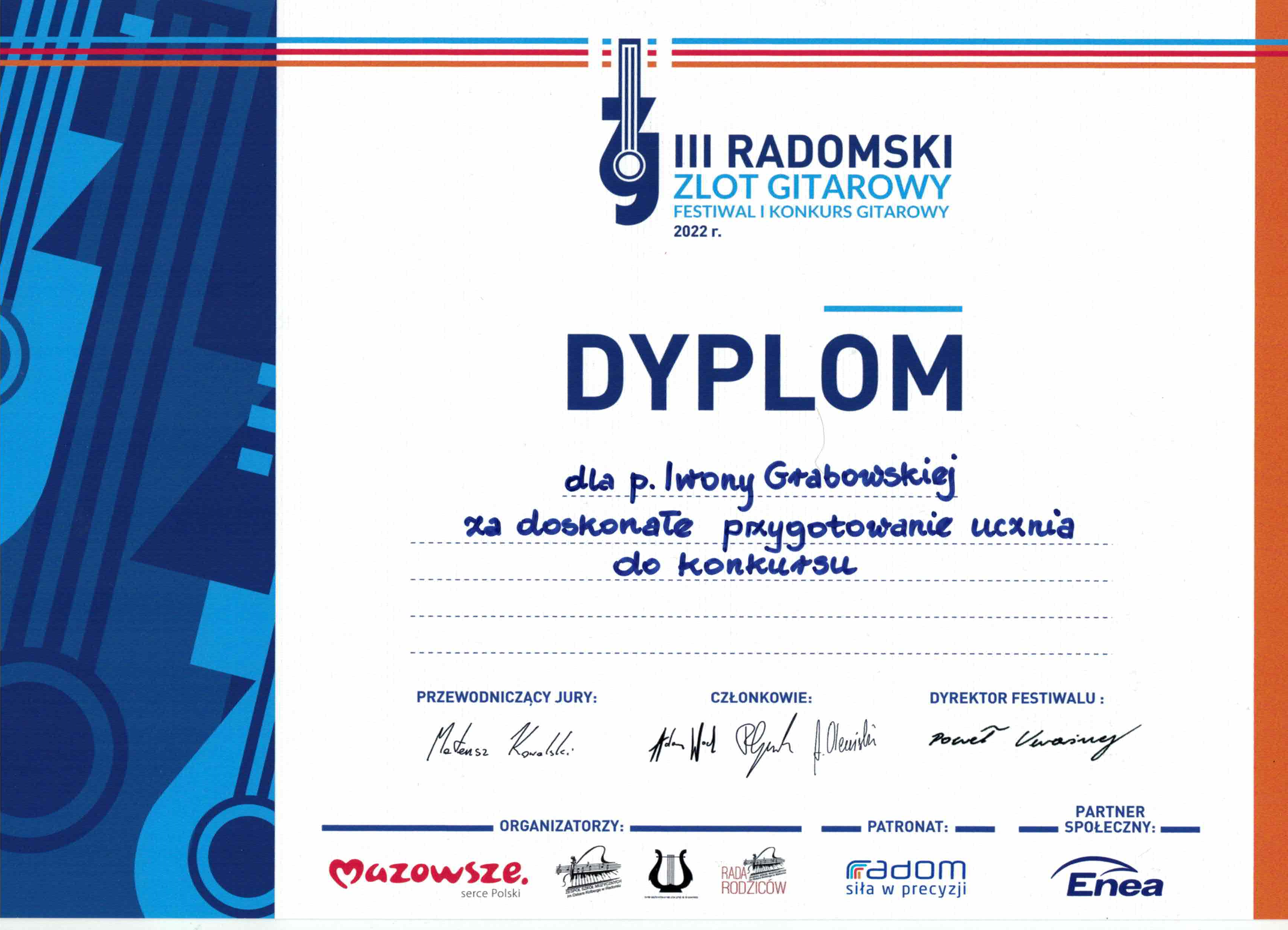 Zdjęcie dyplomu dla nauczyciela pani Iwony Grabowskiej za doskonałe przygotowanie ucznia do konkursu III Radomski Zlot Gitarowy