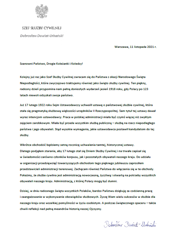 List Szefa Służby Cywilnej do członków korpusu służby cywilnej