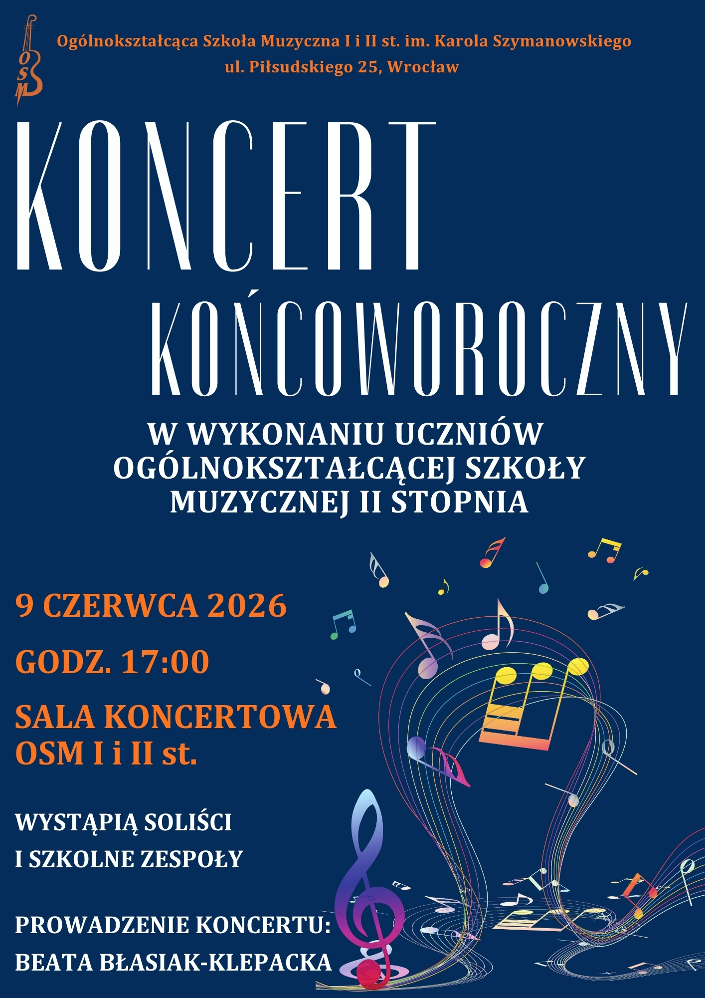 granatowy plakat zapowiadający koncert klas II stopnia. Zawiera logo szkoły, termin oraz grafikę kolorowych nut