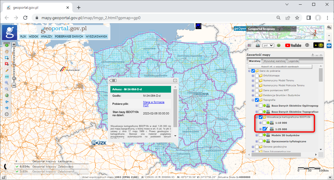 ilustracja przedstawia zrzut z serwisu www.geoportal.gov.pl pokazujący sposób pobierania wizualizacji kartograficznych BDOT10k