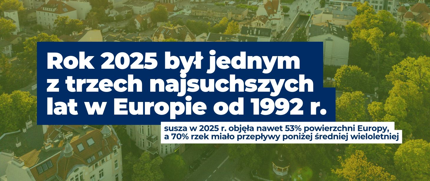 baner z napisem rok 2025 był jednym z trzech najsuchszych lat w Europie od 1992 r. Susza w 2025 r. objęła nawet 53 powierzchni Europy a 70% rzek miało przepływy poniżej średniej wieloletniej. 