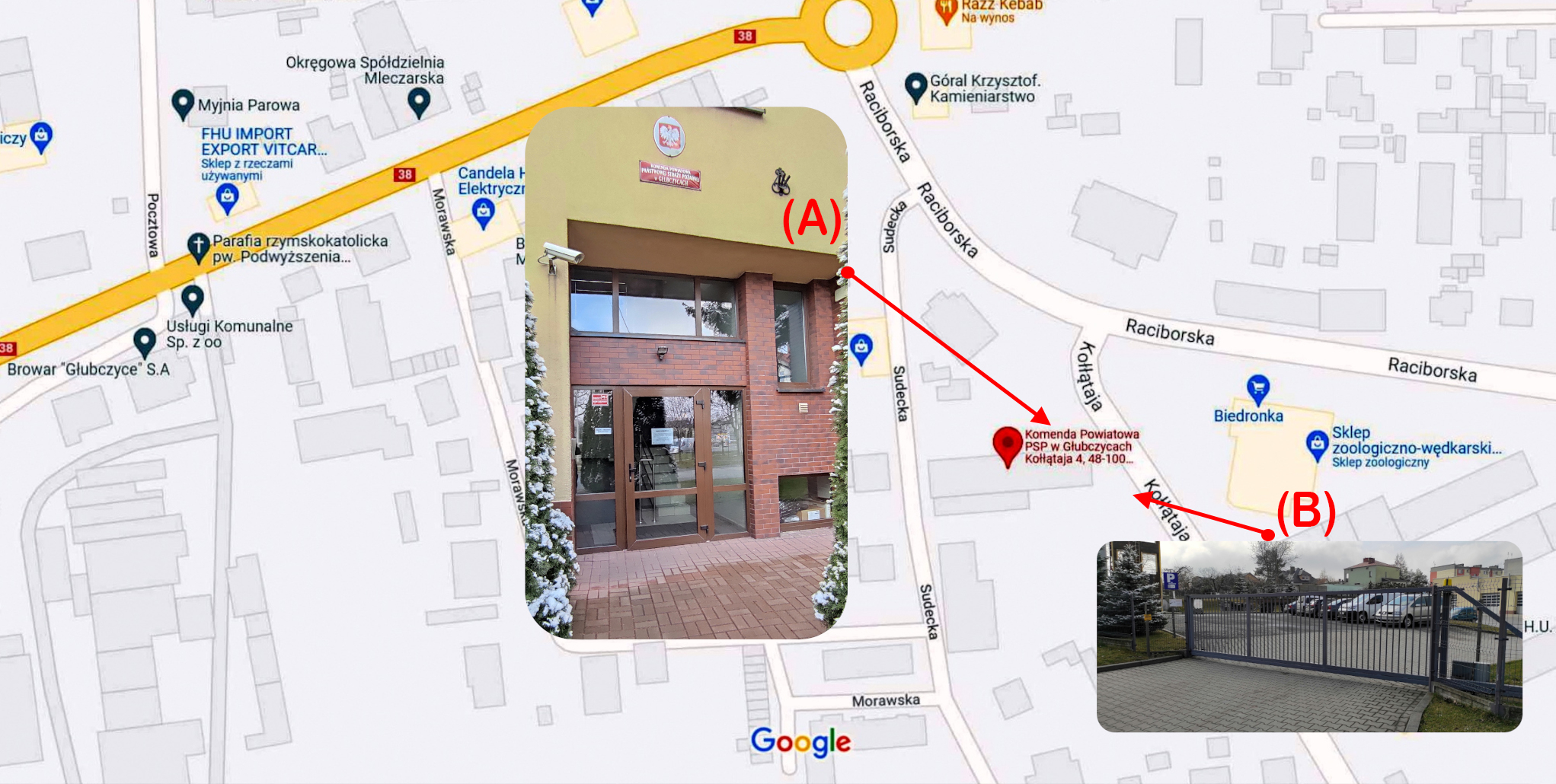 Infografika przedstawiająca wejścia do Komendy Powiatowej PSP w Głubczycach.