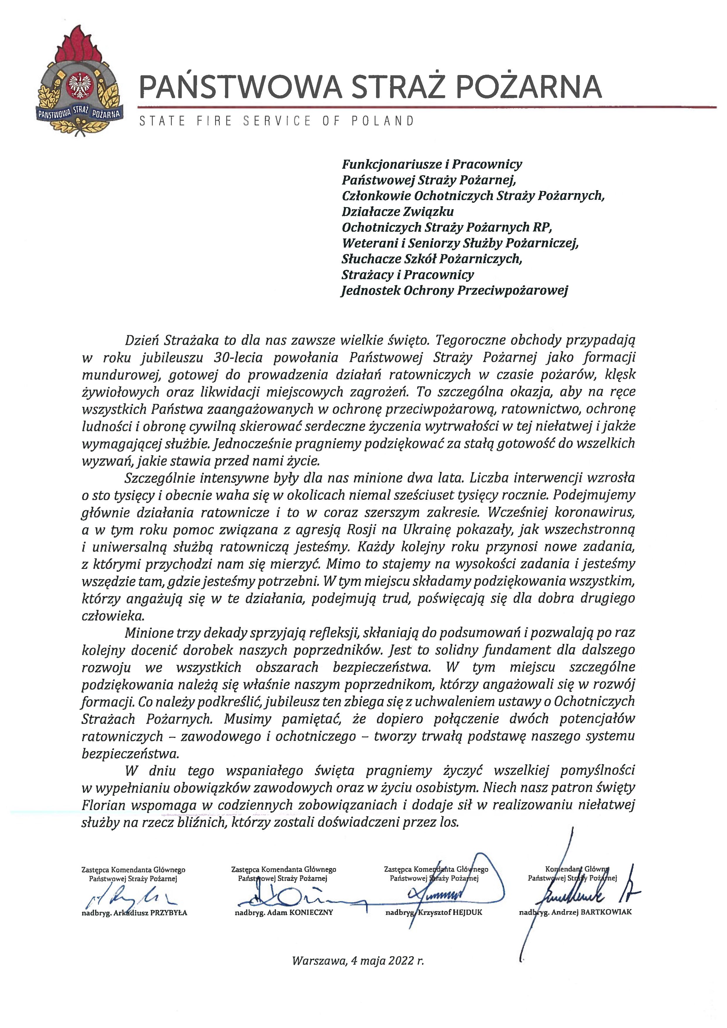 Życzenia Kierownictwa KG PSP