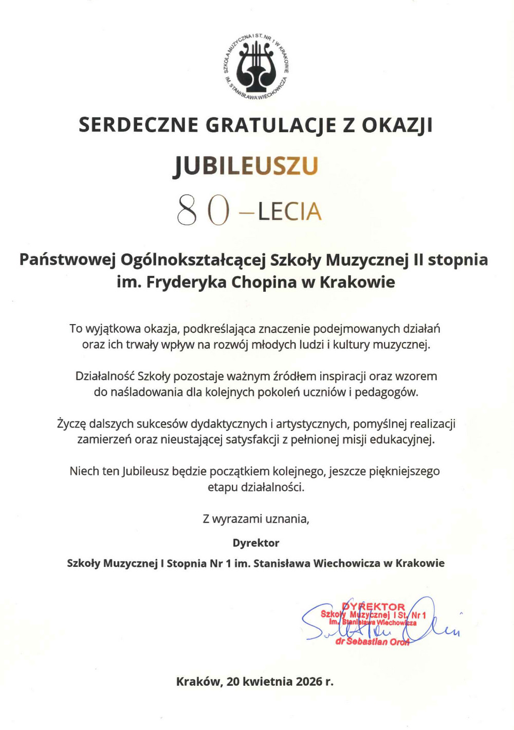 p. Sebastian Oroń - dyrektor SM I stopnia nr 1 im. Stanisława Wiechowicza w Krakowie