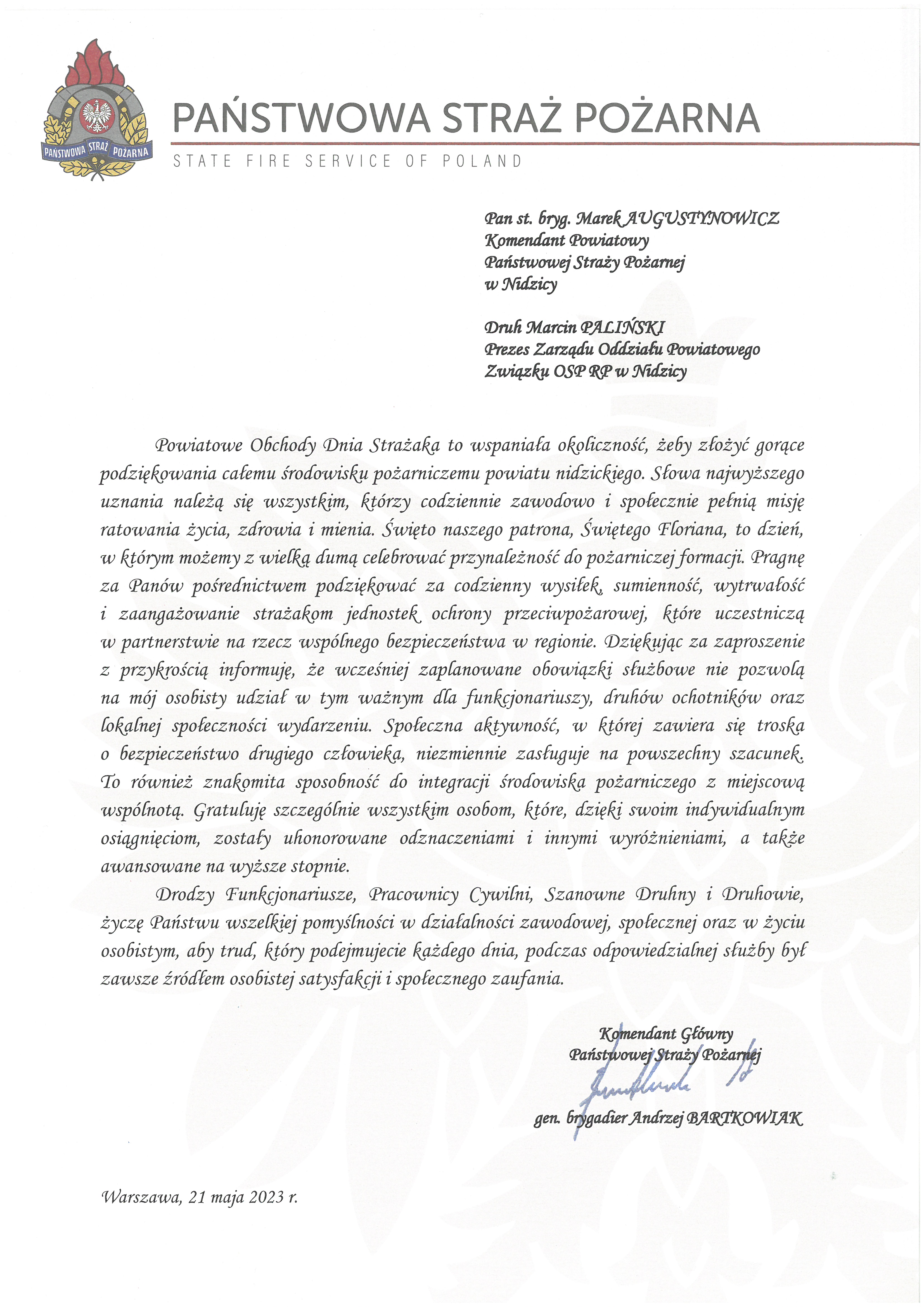 List okolicznościowy KG