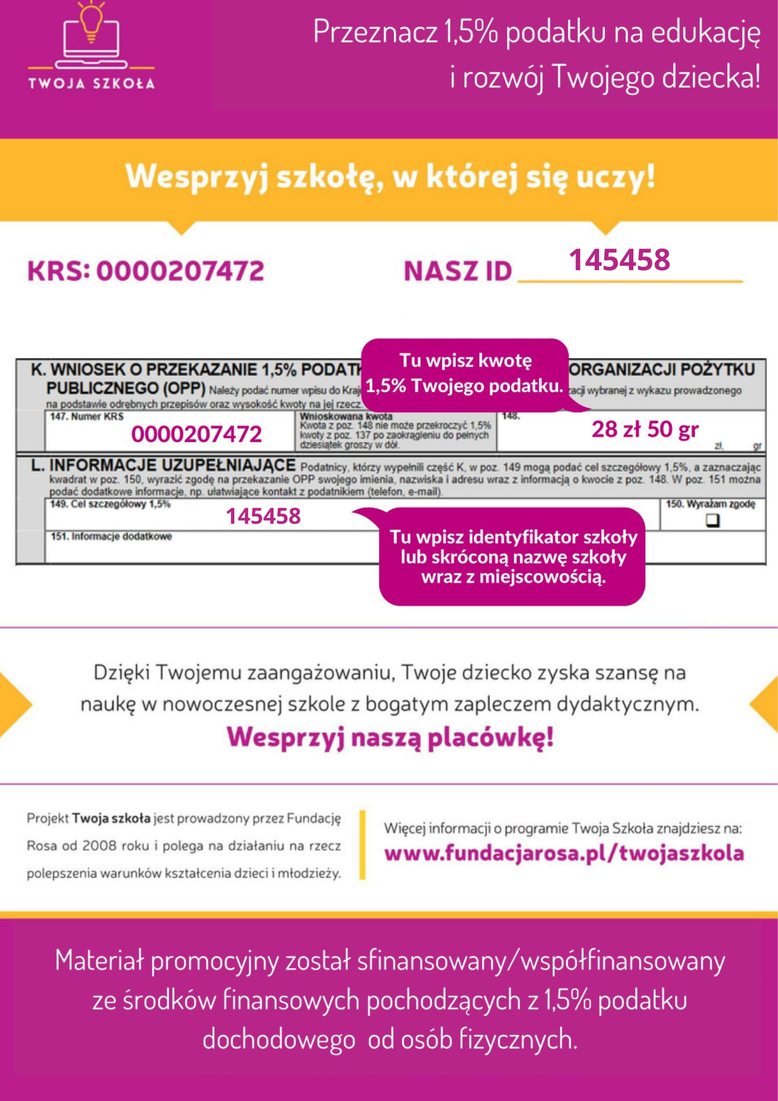 Ulotka informująca o sposobie przekazanie szkole 1,5% podatku.