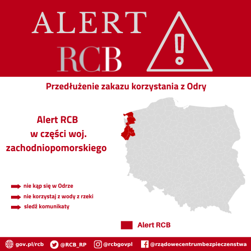 Alert RCB – przedłużenie zakazu korzystania z Odry – 26 sierpnia.
