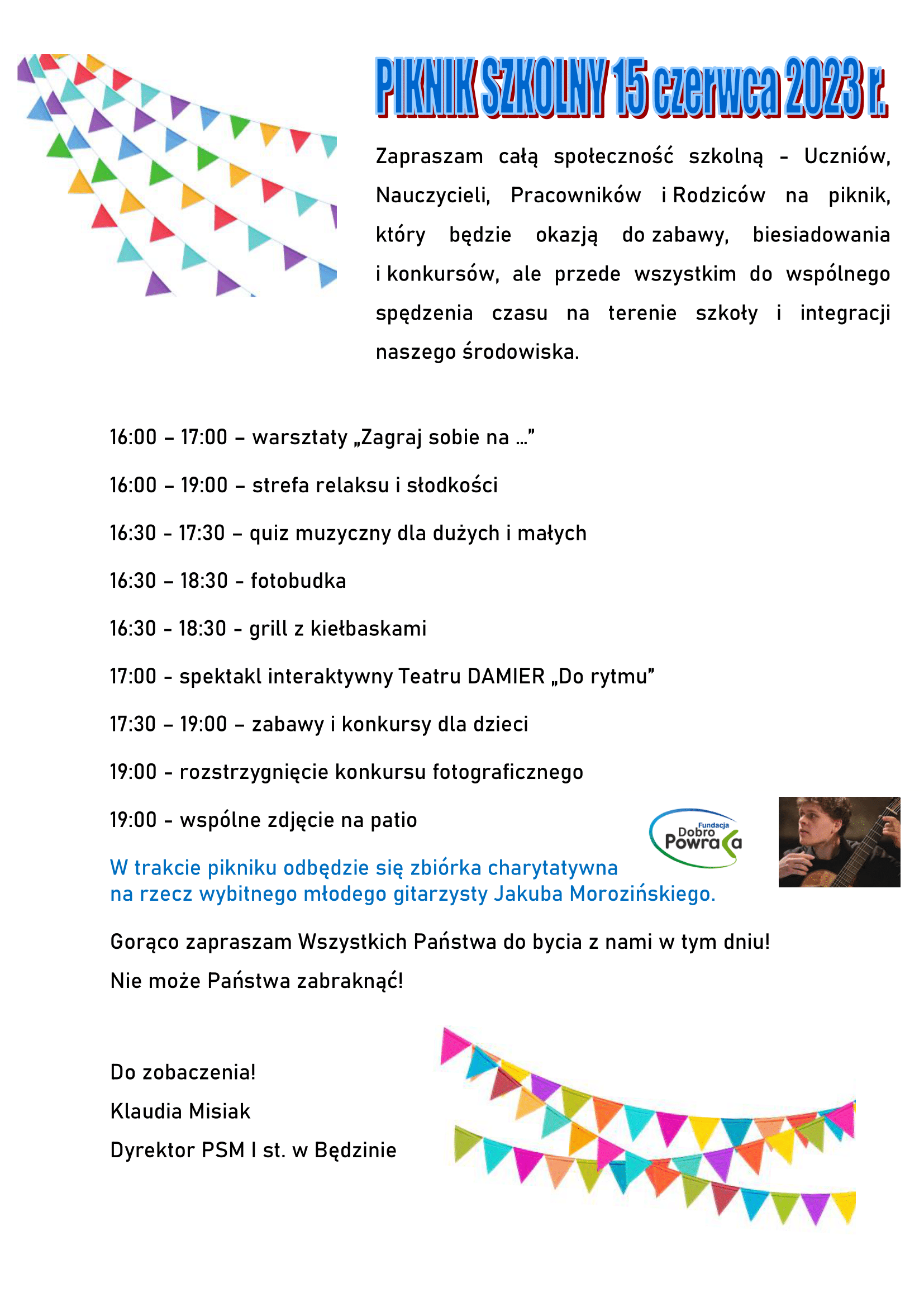 plakat na białym tle, w górnym lewym rogu i prawym dolnym znajdują się kolorowe flagi, na środku plan pikniku 