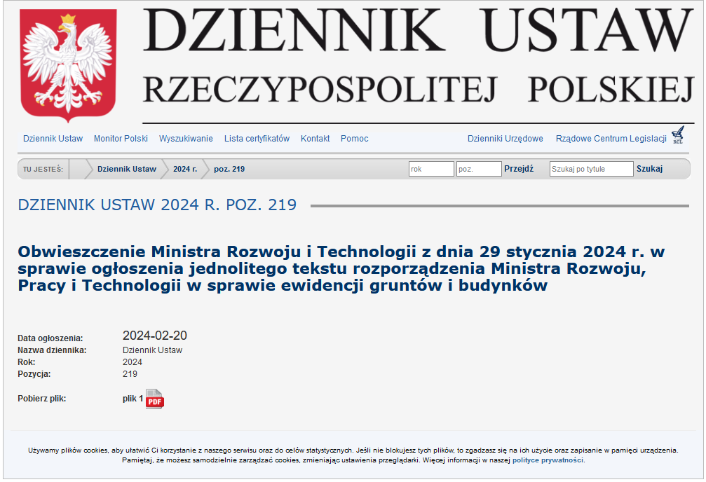 Ilustracja przedstawia zrzut z ekranu przedstawiający serwis internetowy publikujący Dziennik Ustaw Rzeczypospolitej Polskiej