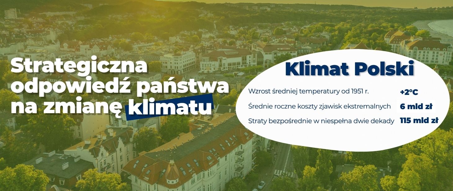 na grafice widoczny jest nagłówek Strategiczna odpowiedź państwa na zmianę klimatu. Po prawej stronie widoczny jest napis: Klimat Polski: wzrost średniej temperatury od 1951 r: +2 stopnie Celsjusza, średnie roczne koszty zjawisk ekstremalnych: 6 mld zł, straty bezpośrednie w niespełna dwie dekady: 115 mld zł.
