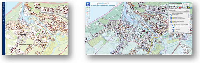 Ilustracja przedstawia zaktualizowany zbiór danych BDOT10k dla fragmentu powiatu kołobrzeskiego w Portalu BDOT10k oraz w usłudze Baza Danych Obiektów Topograficznych.