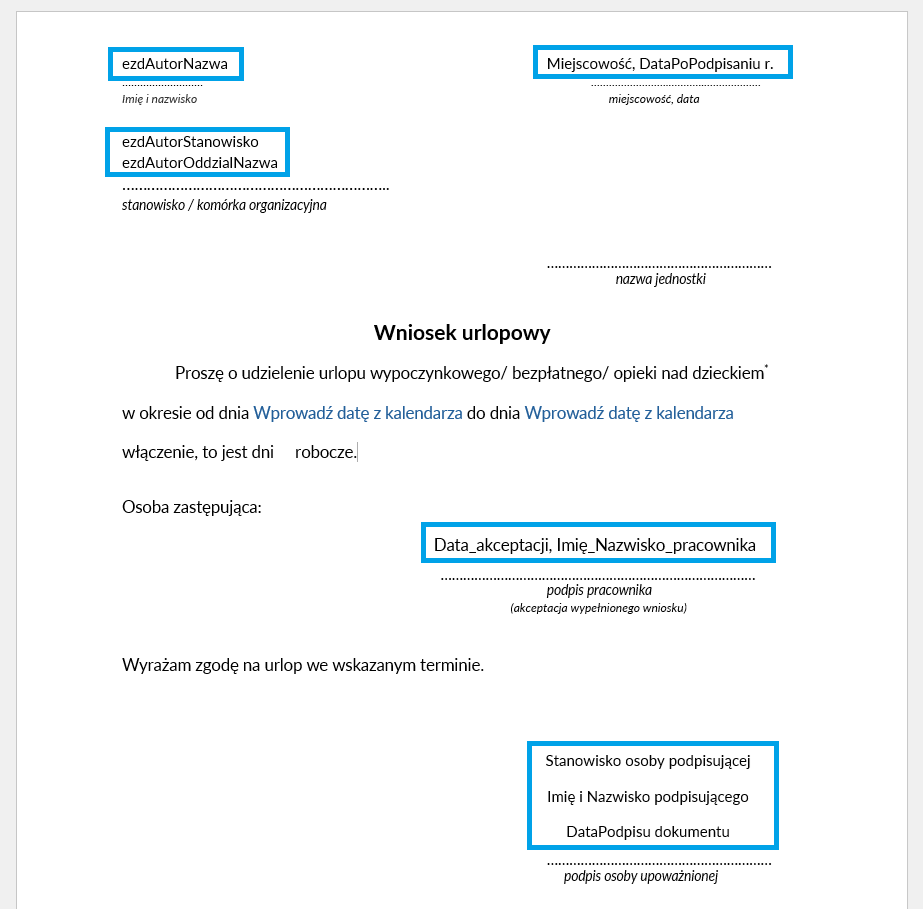 Szablon wniosku urlopowego z zakładkami.