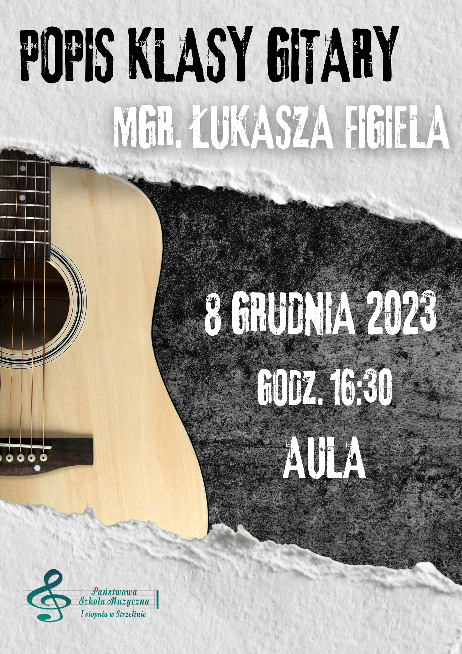 Na szarym tle widoczna jest grafika gitary. W lewym dolnym rogu umieszczone zostało logo PSM Strzelin. W górnej części widoczne są informacje dotyczące wydarzenia.