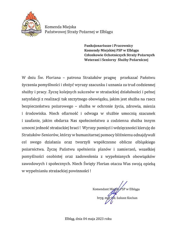 Życzenia Komendanta Miejskiego PSP w Elblągu z Okazji Dnia Strażaka