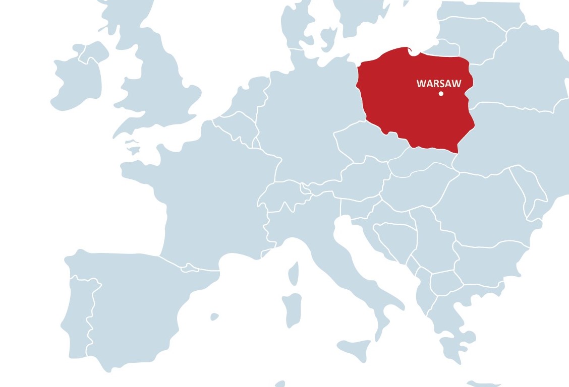 Mapa Europy z zaznaczoną na czerwono Polską.