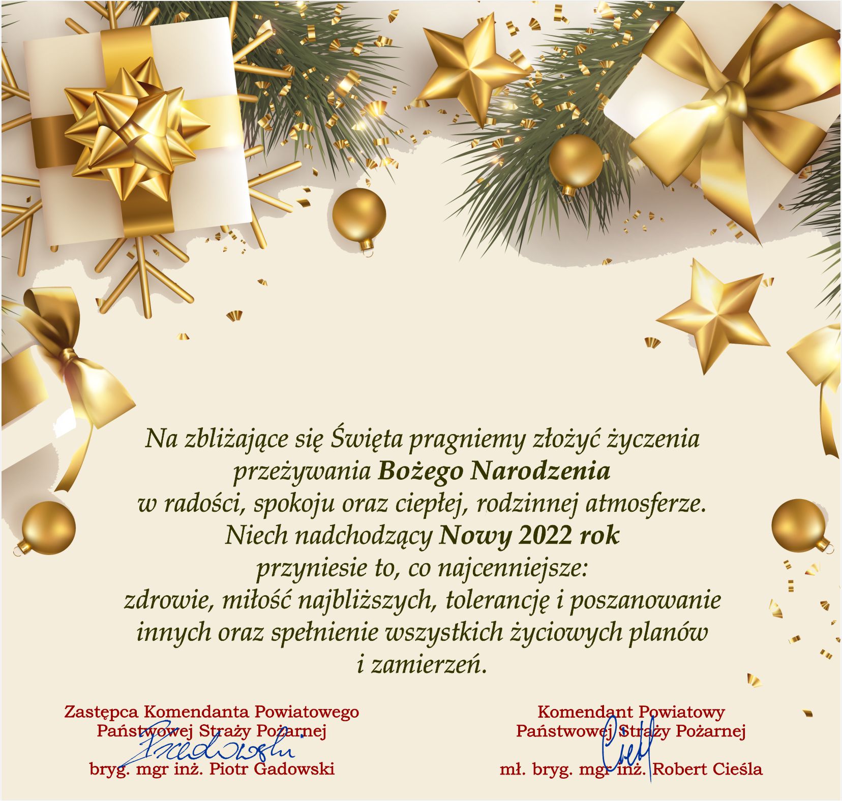 Życzenia świąteczne Komendanta Powiatowego Państwowej Straży Pożarnej w Bochni