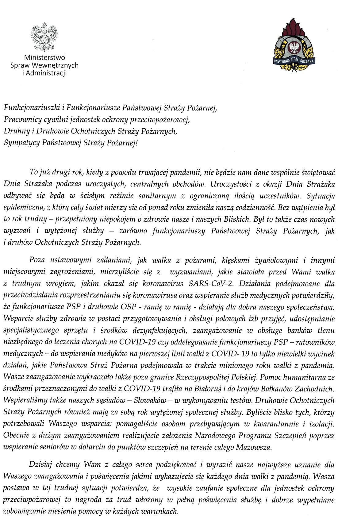 Życzenia Wiceministra Spraw Wewnętrznych i Administracji oraz Mazowieckiego Komendanta Wojewódzkiego PSP z okazji Dnia Strażaka