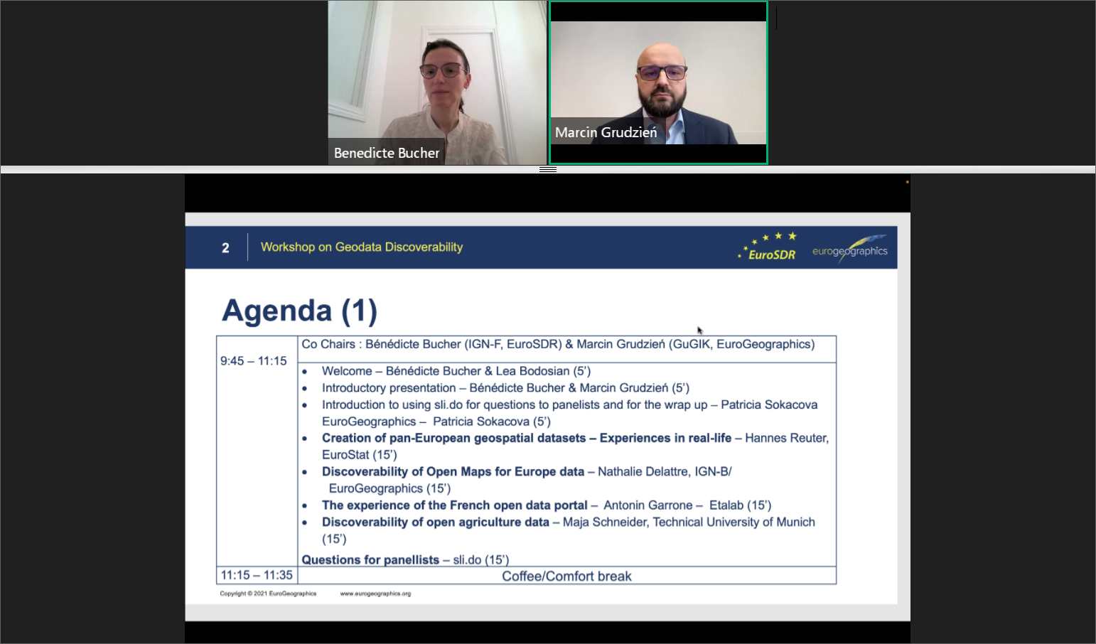Zrzut ekranu z programu do prowadzenia konferencji online, który przedstawia fragment agendy wydarzenia oraz prowadzących spotkanie.