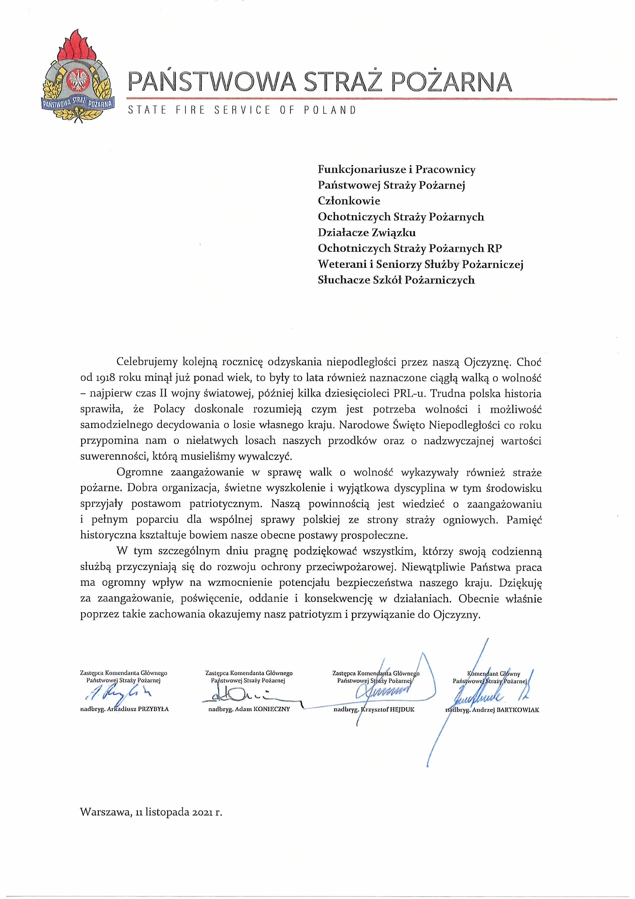 List Kierownictwa KG PSP z okazji Narodowego Święta Niepodległości