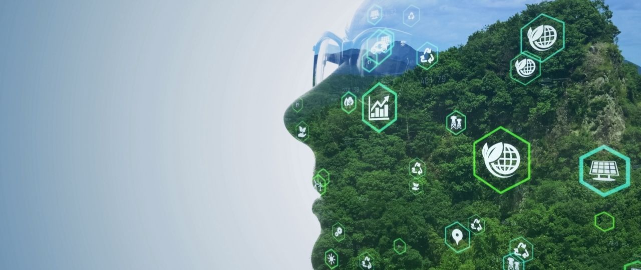 Grafika przedstawia bok twarzy osoby, której kontury są przezroczyste. Przez twarz widoczny jest krajobraz górski porośnięty drzewami. Na całej powierzchni obrazu rozmieszczone są ikony. Ikony przedstawiają symbole związane z ochroną środowiska, odnawialnymi źródłami energii, zrównoważonym rozwojem oraz analizą danych.