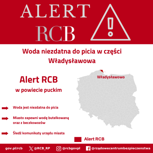 Alert RCB -Władysławowo woda niezdatna do picia. Korolem czerwonym zaznaczony jest obszar alarmowania.