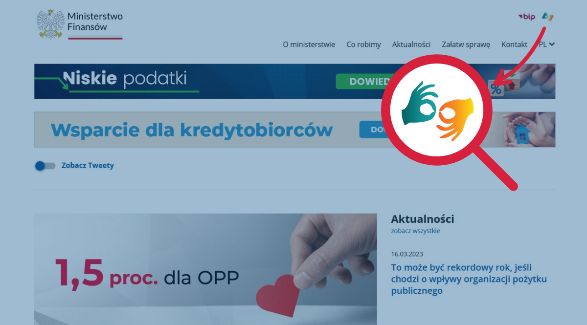 Strona internetowa Ministerstwa Finansów ze wskazaniem odnośnika gdzie jest link do tłumacza PJM