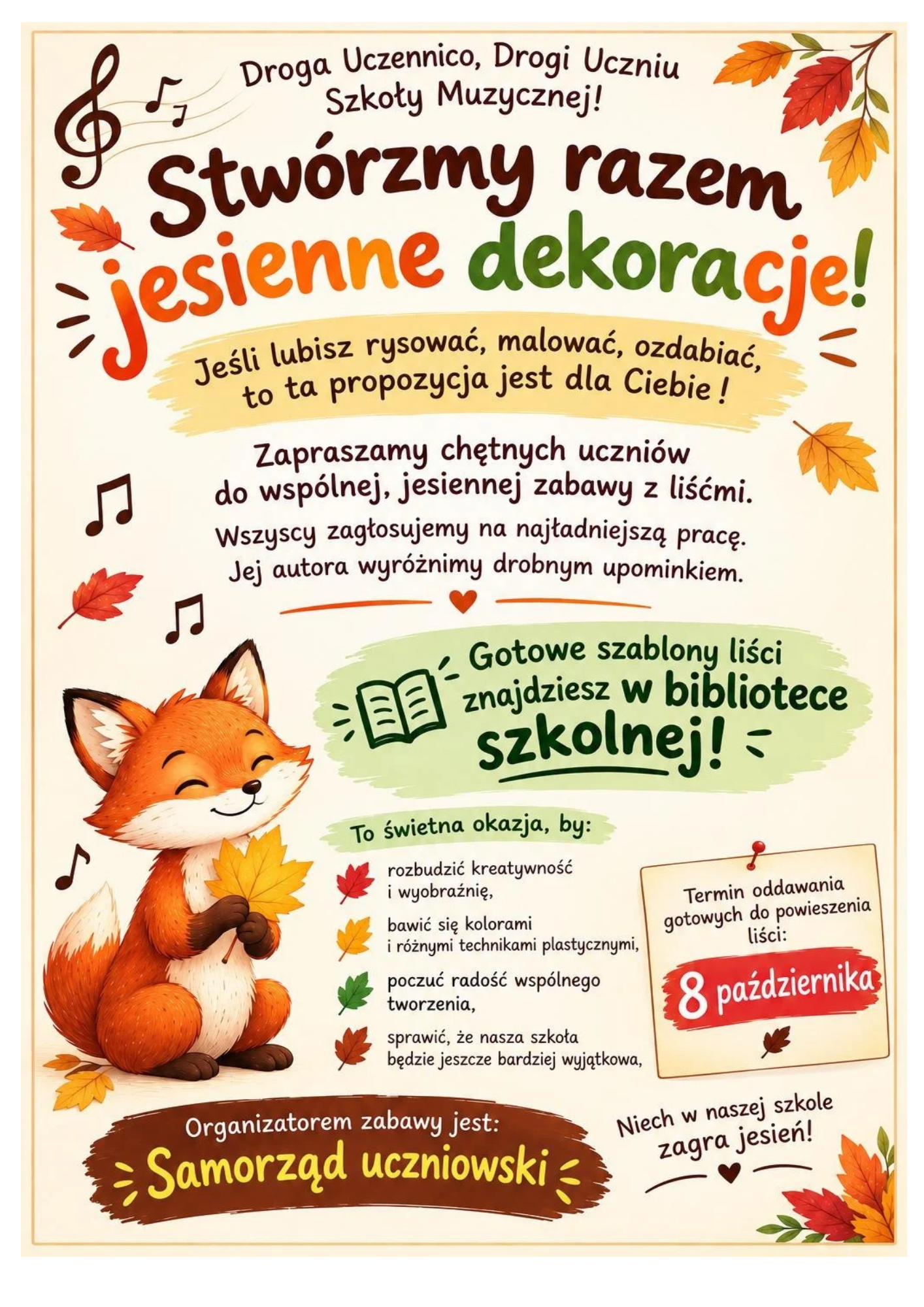 plakat na jasnym tle, na środku opisy, rysunek liska
