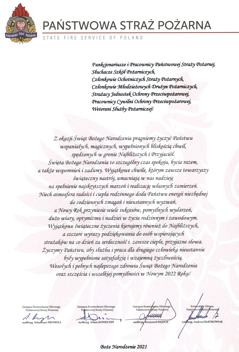 Życzenia świąteczne Komendanta Głównego Państwowej Straży Pożarnej