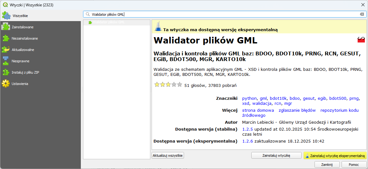 Ilustracja przedstawia sposób instalacji wtyczki Walidator plików GML w oprogramowaniu QGIS