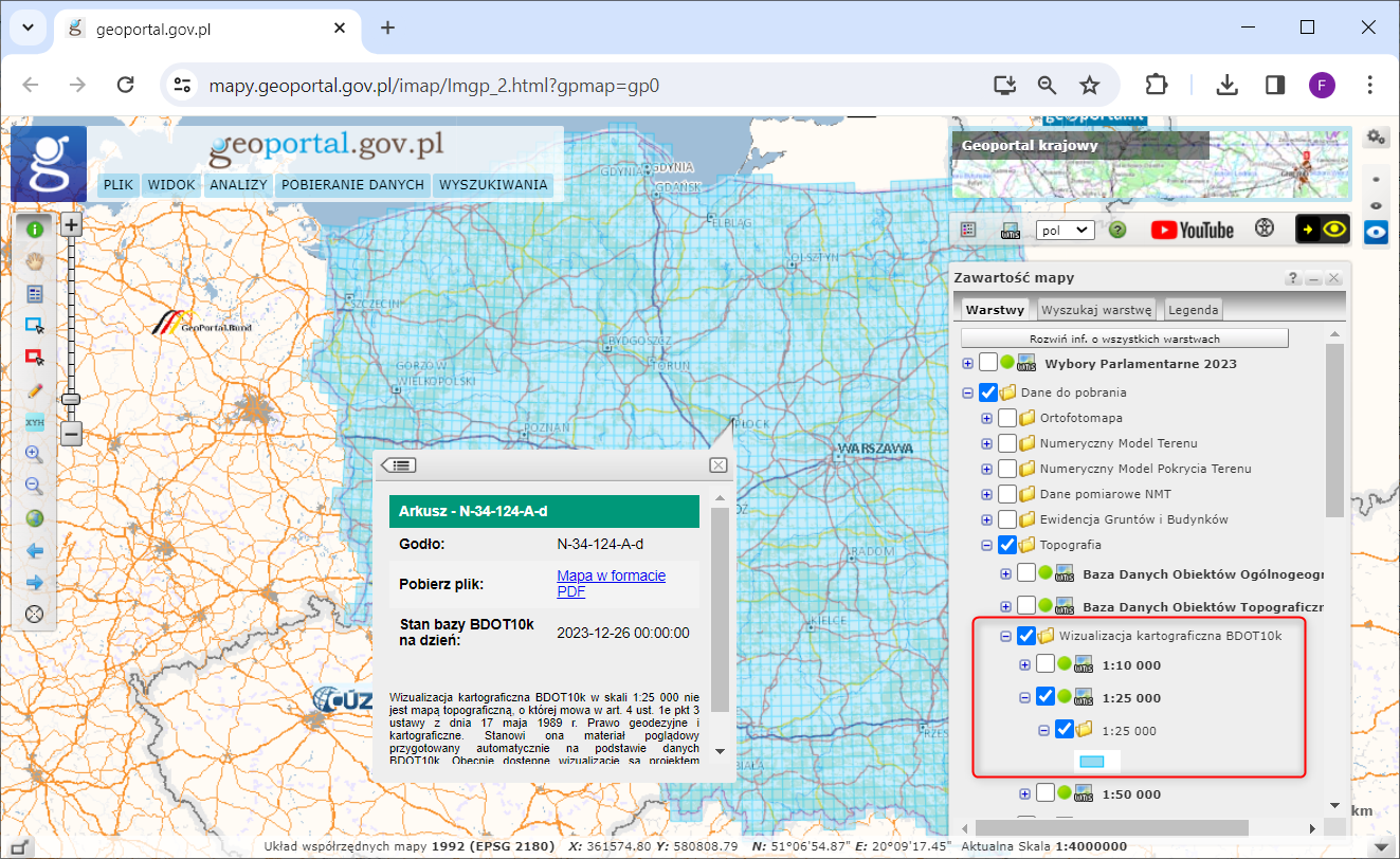 Ilustracja przedstawia zrzut ekranu z serwisu www.geoportal.gov.pl prezentujący sposób pobierania wizualizacji kartograficznych BDOT10k.