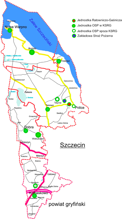 Mapa powiatu polickiego z zaznaczonymi jednostkami ochrony przeciwpożarowej