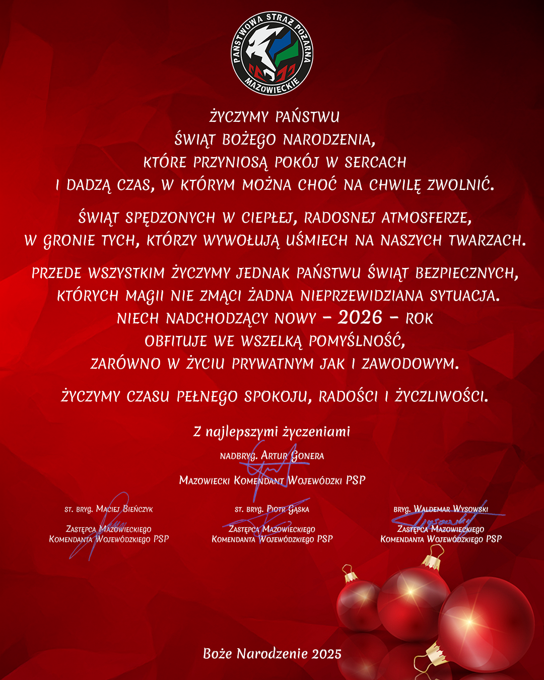 Życzenia świąteczne i noworoczne kierownictwa KW PSP w Warszawie