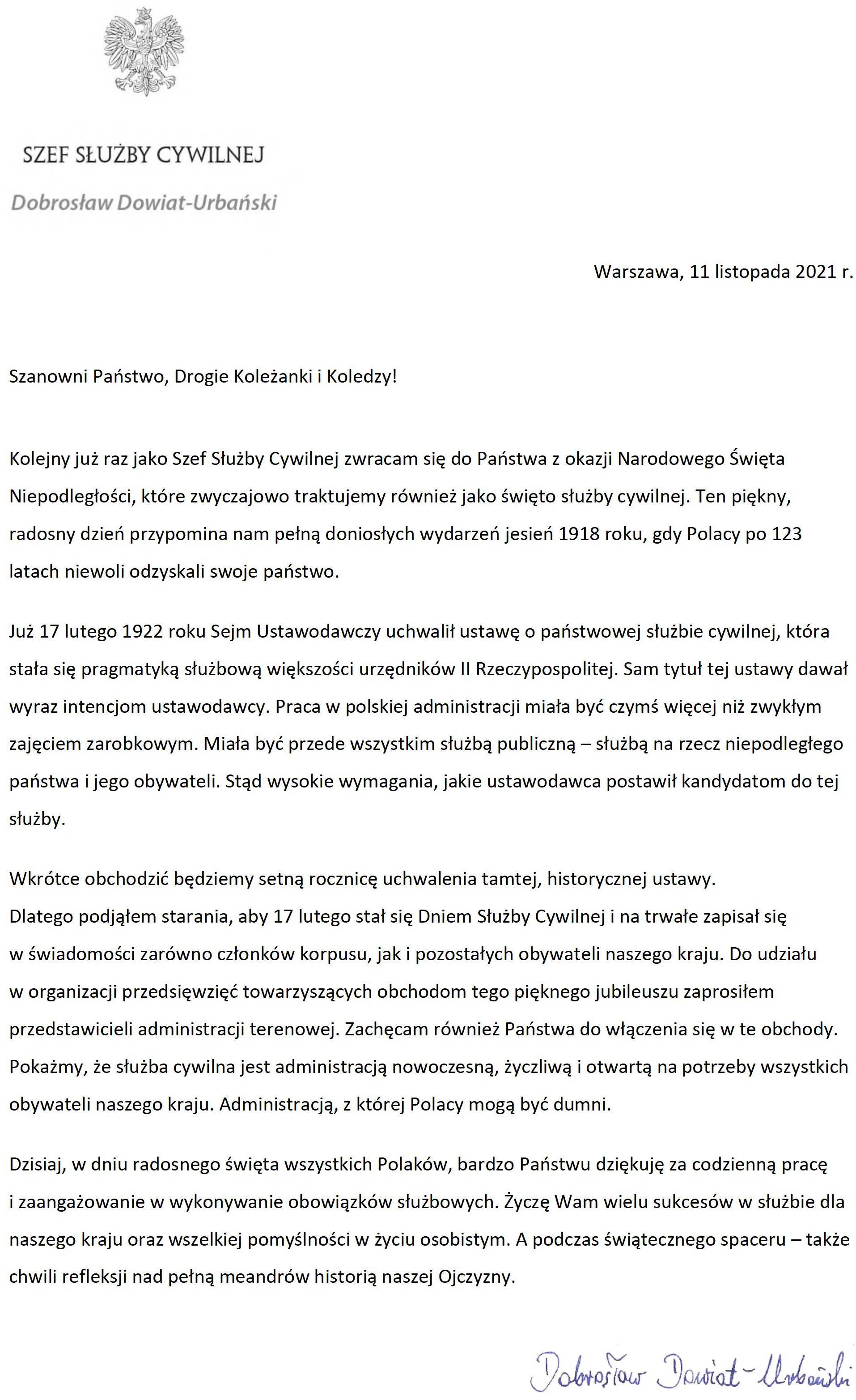 List Szefa Służby Cywilnej do członków korpusu służby cywilnej