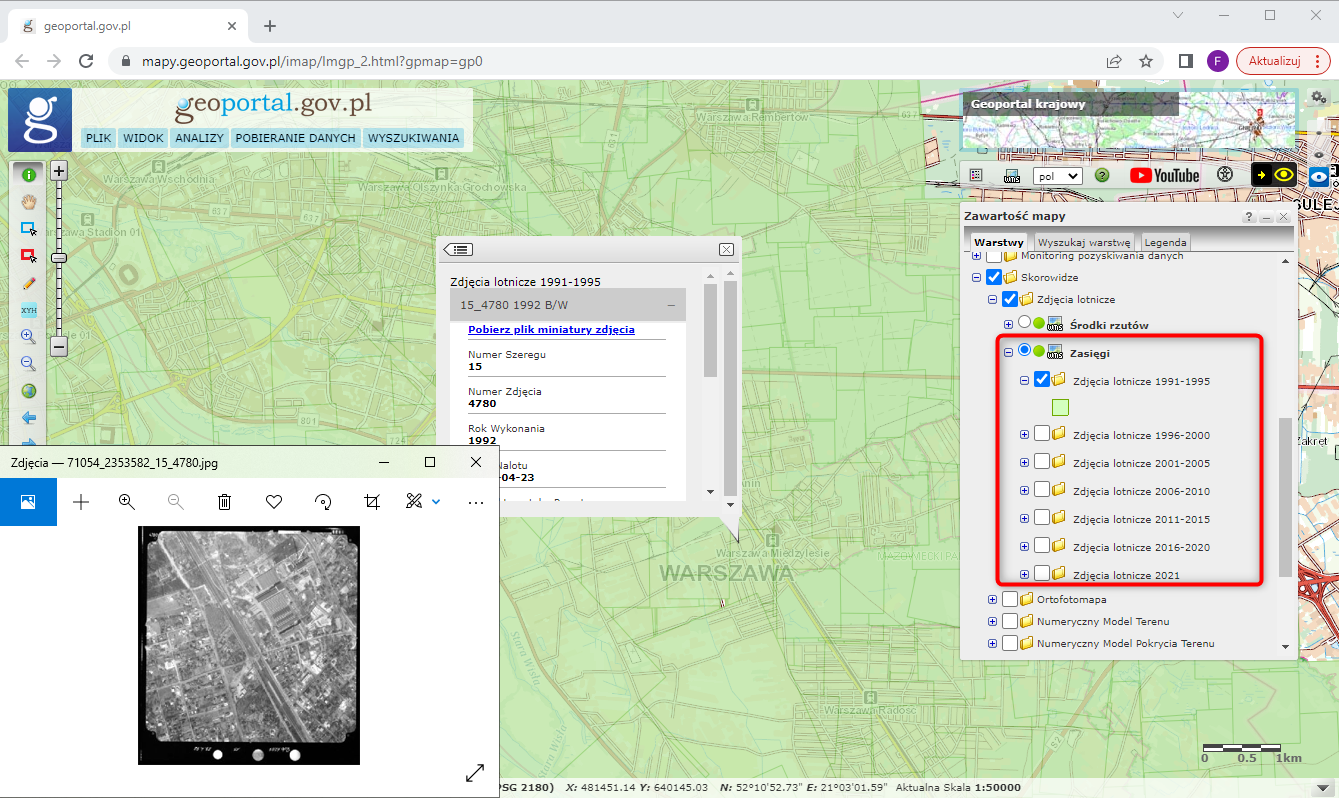 Ilustracja przedstawia zrzut ekranu z serwisu www.geoportal.gov.pl prezentujący skorowidz zasięgów zdjęć lotniczych
