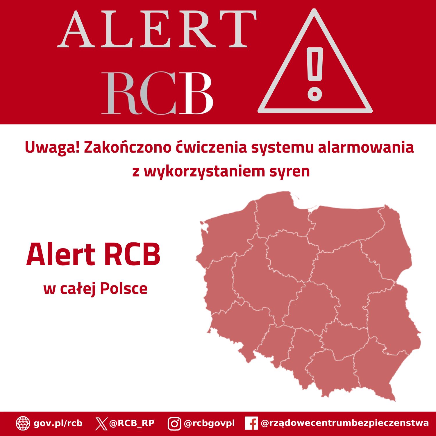 Alert RCB 21 lipca o zakończeniu ogólnokrajowych ćwiczeniach systemu alarmowania z wykorzystaniem syren