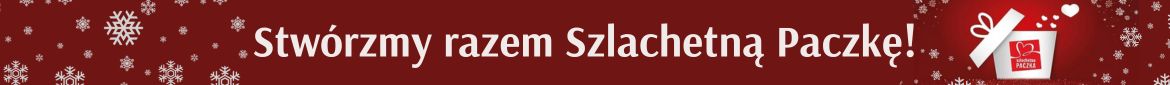 Czerwony baner z białymi śnieżynkami. Z prawej strony znajduje się otwarte pudełko z logo akcji Szlachetna Paczka – czerwonym sercem wpisanym w kwadrat. Z pudełka unoszą się białe serduszka. Na środku widnieje napis: Stwórzmy razem Szlachetną Paczkę!