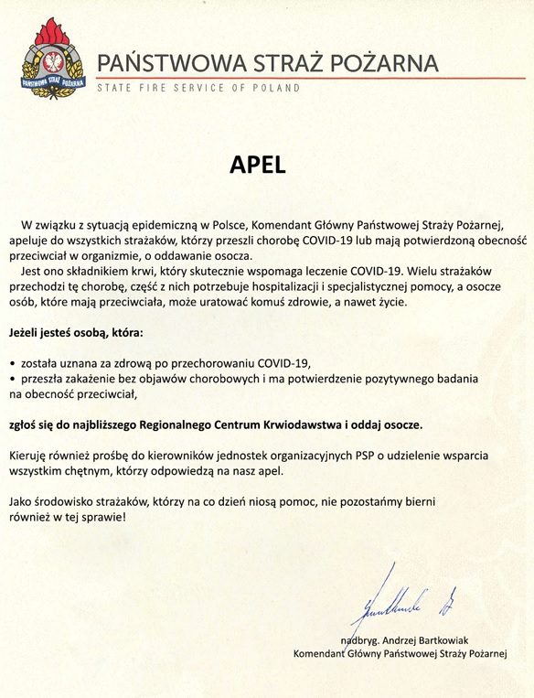 Apel Komendanta Głównego PSP o oddawanie osocza