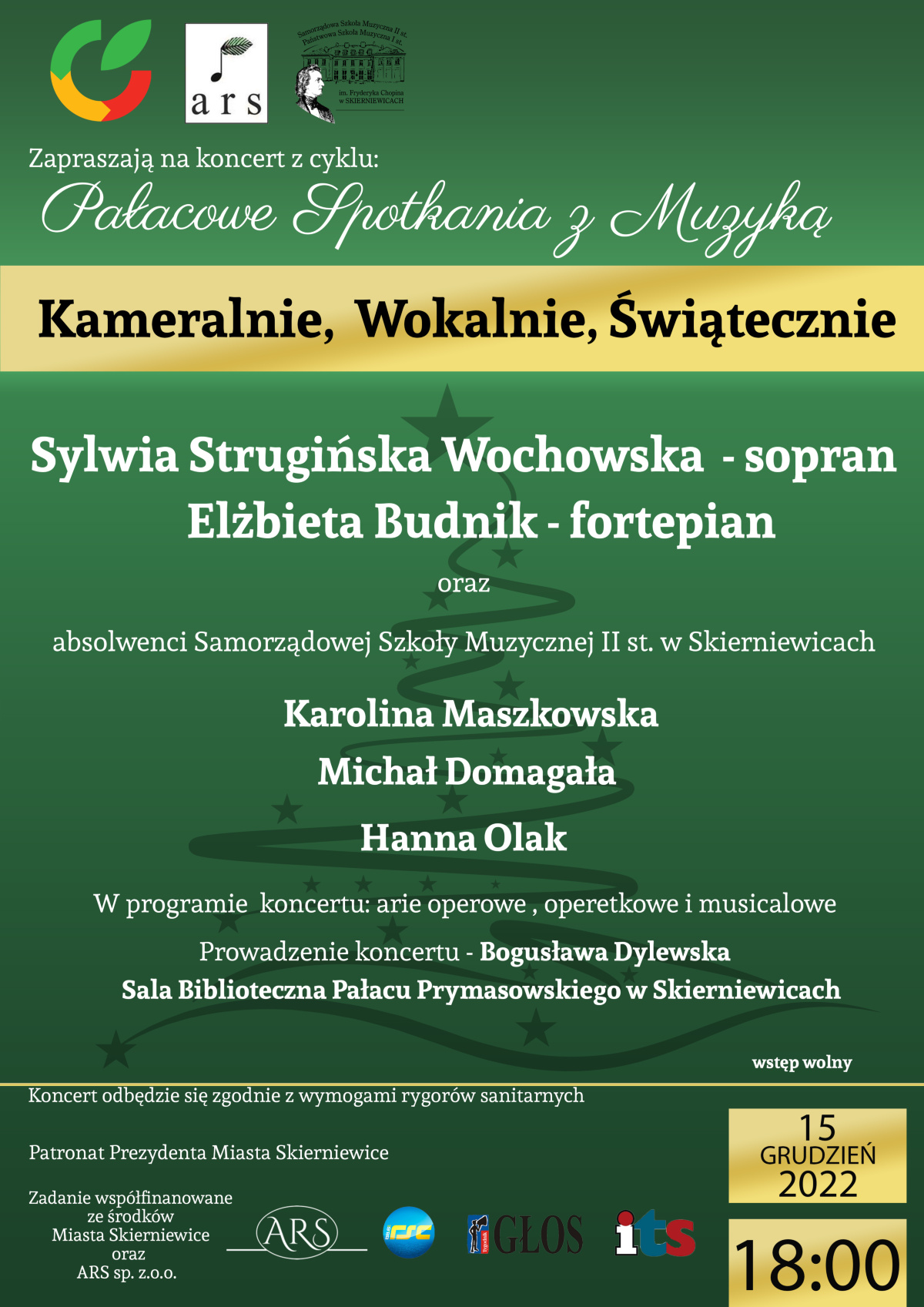Zdjęcie w formacie jpg na zielonym tle, w lewym górnym rogu trzy loga : miasta Skierniewice, Stowarzyszenia ARS czary napis na białym tle, oraz logo szkoły muzycznej przedstawiające grafikę budynku szkoły muzycznej w Skierniewicach