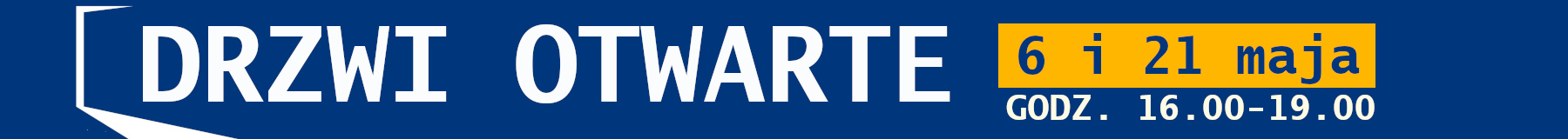 Granatowy baner z informacjami na temat drzwi otwartych 
