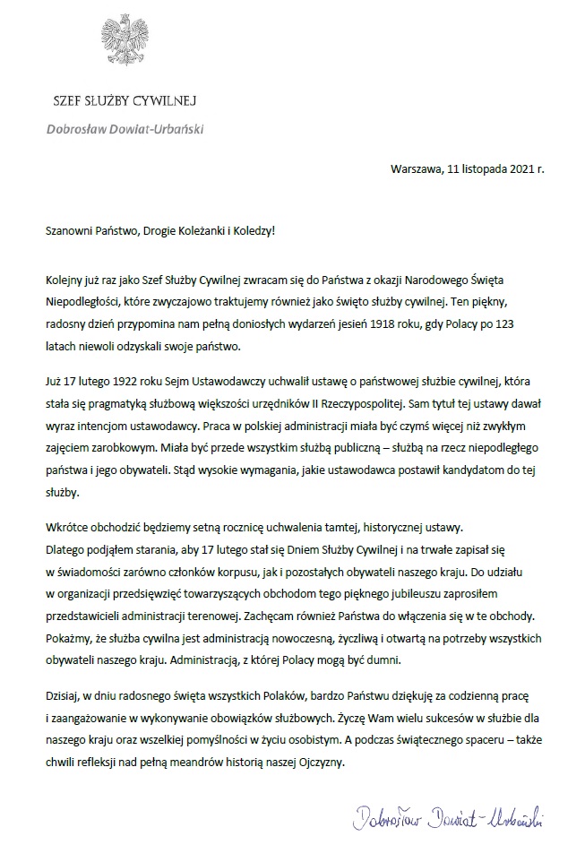 List Szefa Służby Cywilnej do członków korpusu służby cywilnej