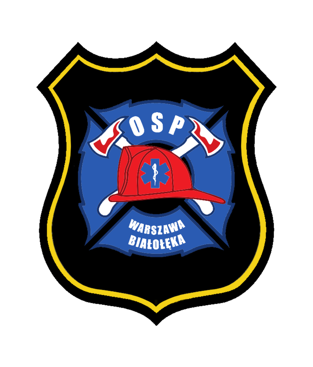 W centralnej części czerwony hełm strażacki ustawiony bokiem, a na nim niebieska, sześciopromienna gwiazda z laską Eskulapa. Za hełmem dwa białe skrzyżowane topory. Pod wymienionymi elementami niebieski symetryczny krzyż maltański. Nad hełmem biały napis „OSP”, a pod „Warszawa Białołęka”. Pod krzyżem czarne tło ze złotą obwódką w kształcie herbu.