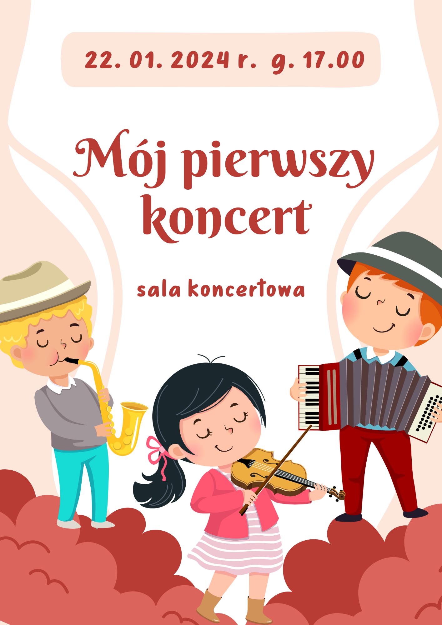 Plakat koncertu przedstawiający dzieci grające na różnych instrumentach