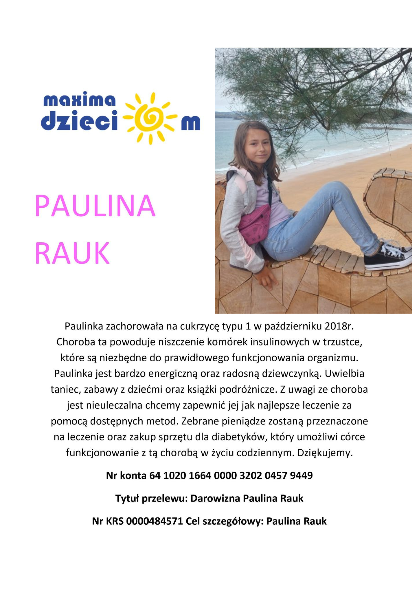 plakat na białym tle, po prawej zdjęcie dziewczynki, na środku opis i numer konta