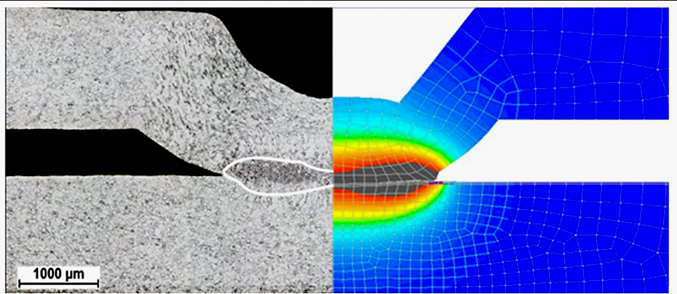 Porównanie wyników eksperymentu oraz obliczeń MES zgrzewania blach z wytłoczonym garbem dla SPD (lewa strona) oraz SED (prawa strona) [2] 