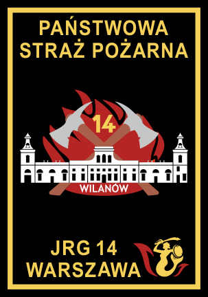 Logo w kształcie czarnej tarczy ze złotym konturem. W górnych narożnikach znajduje się flaga Polski oraz złota sylwetka Syrenki Warszawskiej. Centralną część loga tworzy popiersie strażaka w hełmie wraz z maską, w której wizjerze odbijają się czerwone płomienie. W tle Kolumna Zygmunta koloru białego. Wokół jest napis Jednostka Ratowniczo-Gaśnicza 1 Warszawa.